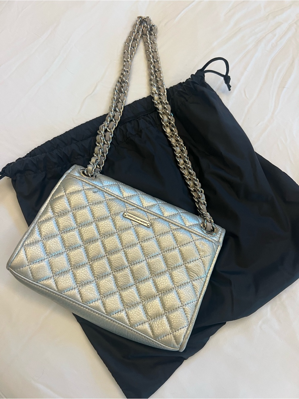 Rebecca Minkoff Metallic Silver Quilted Shoulder Bag with Chain Strap